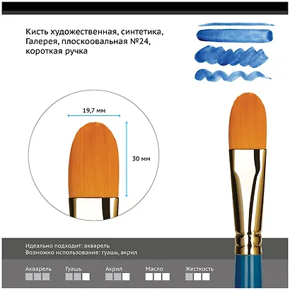 Кисть художественная №24 "Галерея", синтетика, плоскоовальная, короткая ручка, Гамма - фото 2