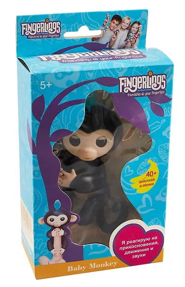 Интерактивная игрушка Ручная обезьянка Fingerlings Финн (чёрная) 12см - фото 2