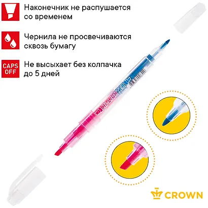 Текстовыделитель Crown, Multi Hi-Lighter Twin, двухсторонний розовый, голубой 3/2 мм - фото 5