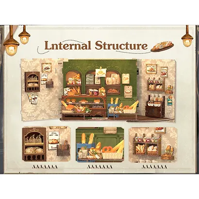 CWGB401 Конструктор интерьерный  – сборный домик CuteBee - Пекарня "Миссис Хант", 216 деталей (материалы: дерево, картон, пластик, металл), со световыми эффектами (подсветка интерьера), с питанием от 2хААА батареек (не включены), серия DIY, возраст 14+ - фото 8