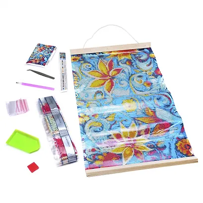 Алмазное панно на подвесе 30*50 (полная выкладка). Узоры. Оранжевые цветы с голубым - фото 3