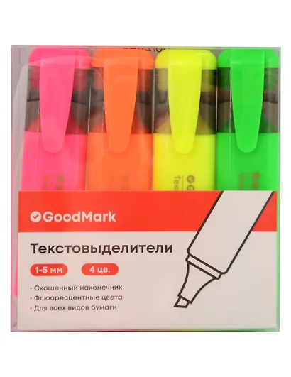 Текстовыделители 4 цвета 1-5 мм, флюоресцентые, GoodMark - фото 1