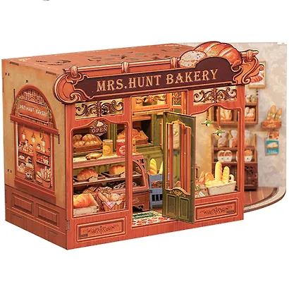 CWGB401 Конструктор интерьерный  – сборный домик CuteBee - Пекарня "Миссис Хант", 216 деталей (материалы: дерево, картон, пластик, металл), со световыми эффектами (подсветка интерьера), с питанием от 2хААА батареек (не включены), серия DIY, возраст 14+ - фото 2