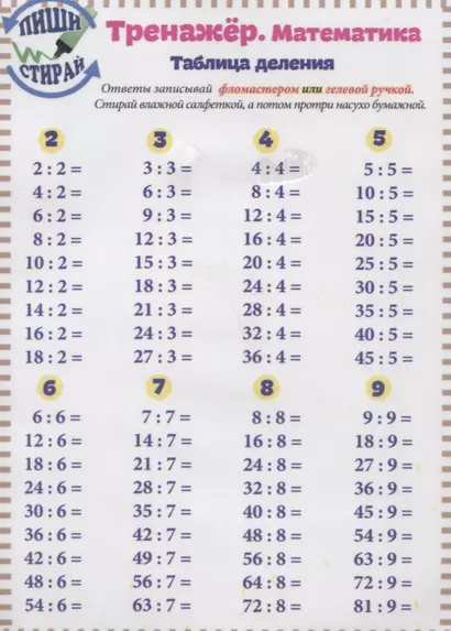 Справочные материалы Тренажер Математика Табл. деления. Табл. Деления. Вразброс (Пиши стирай) (лист) - фото 1