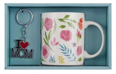 Подарочный набор Кружка и брелок-I love Mom Цветы и листья (коробка) (керамика) (12-topsun-202409-05) - фото 1