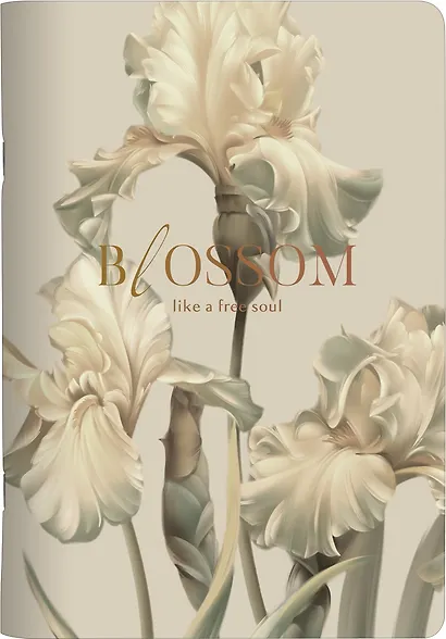 Тетрадь А5 40 листов в клетку "Blossom", ирисы, светлый, карт.обл., микротекстурирование, ламинация, тиснение золотой фольгой, скрепка - фото 1