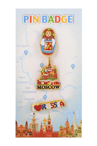 Набор значков эмаль Матрешка,Храм Василия Блаженного,I love Russia (3шт) (Москва) (56-3-34-4) - фото 1