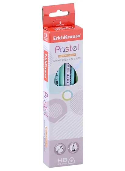 Карандаш Erich Krause, Pastel, чернографитный HB с ластиком - фото 3