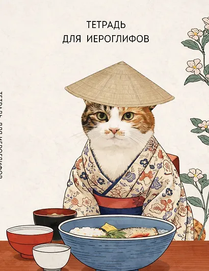 Тетрадь для иероглифов, сетка 9х9 мм. (Кот в кимоно) - фото 1
