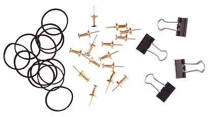 Набор канцелярский: резинки 4г 15 штук, зажимы черные 25 мм 4 штуки, кнопки-гвоздики золотые 15 штук, Schiller - фото 6