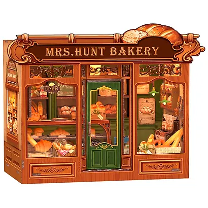 CWGB401 Конструктор интерьерный  – сборный домик CuteBee - Пекарня "Миссис Хант", 216 деталей (материалы: дерево, картон, пластик, металл), со световыми эффектами (подсветка интерьера), с питанием от 2хААА батареек (не включены), серия DIY, возраст 14+ - фото 14