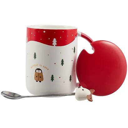 Кружка с крышкой и ложкой "Новогодние зверюшки и елочки", 450 мл - фото 2