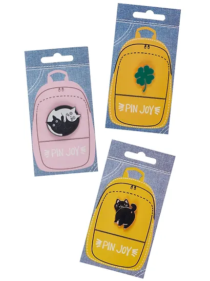 Набор металлических значков (3шт.) (Pin Joy Котик с хвостиком Значок Pin Joy Коты Инь-Ян Значок Pin Joy Клевер) (металл) - фото 1