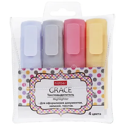 Текстовыделители 04цв "Grace" ПВХ, подвес, Hatber - фото 1