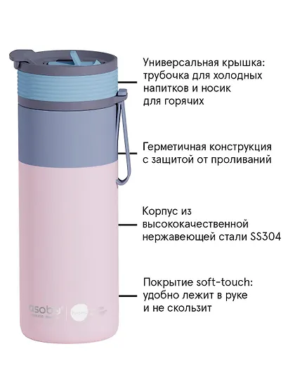 Дорожная бутылка для горячих и холодных напитков Asobu Aspen Пастельно-розовый цвет (600 мл) (69741) - фото 3