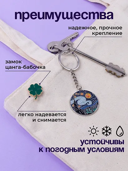 Набор Брелок My lucky charm Винсент Ван Гог Звездная ночь (металл) (12-07150-Z1826)+Значок Pin Joy Клевер (металл) (12-08599-907) - фото 6