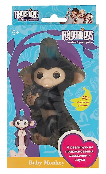 Интерактивная игрушка Ручная обезьянка Fingerlings Финн (чёрная) 12см - фото 1
