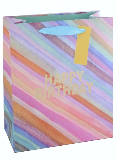 Пакет А4 26*32*12 "Happy birthday!" нейтр., бум., тиснение золот.фольгой, тег - фото 2