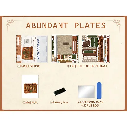 CWGB401 Конструктор интерьерный  – сборный домик CuteBee - Пекарня "Миссис Хант", 216 деталей (материалы: дерево, картон, пластик, металл), со световыми эффектами (подсветка интерьера), с питанием от 2хААА батареек (не включены), серия DIY, возраст 14+ - фото 7