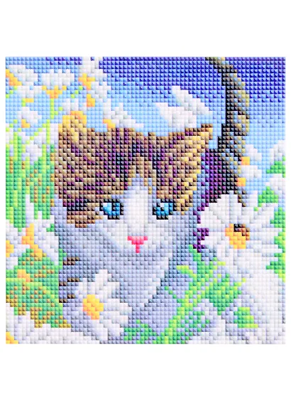 Алмазная мозаика Котенок в ромашках (AS20016) (20х20см) (c подр.) (с полн. заполн.) (блест.) (29цв.) (Рыжий Кот) (6+) (коробка) - фото 1