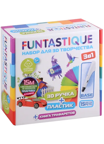 Набор для 3Д творчества 3D-ручка BASE + PETG-пластик 15 цветов + светящийся PETG-пластик 3 цвета + Книжка с трафаретами - фото 1