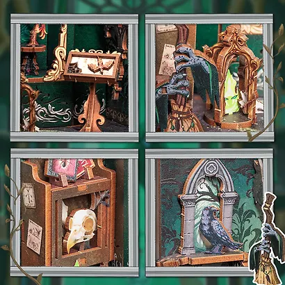 CWGA202 Конструктор интерьерный  – сборный домик CuteBee - Тёмный Гербарий, 98 деталей (материалы: дерево, картон, пластик, металл), со световыми эффектами (подсветка интерьера), с питанием от 2хААА батареек (не включены), серия DIY, возраст 14+ - фото 8