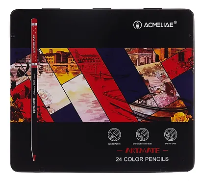 Карандаши цветные 24цв "Blackwood Artmate" мет.футляр, супермягкие, утолщ.грифель 4мм, ACMELIAE - фото 1