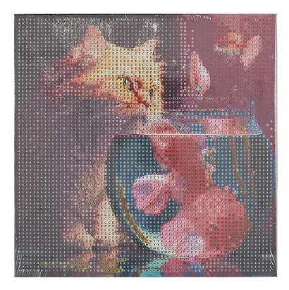 Алмазная мозаика (блестящая) с подрамником, с полным заполнением "Котик и золотая рыбка", 20 х 20 см - фото 1