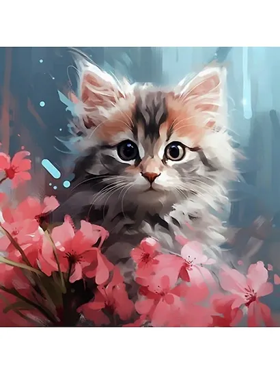 Холст с красками по номерам "Малыши. Котёнок в цветах", 30 х 30 см - фото 1