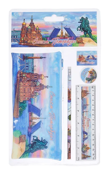 Набор канцелярский СПб "СПб. Коллаж" пенал, карандаш, точилка, ластик, линейка, инд.уп. - фото 1