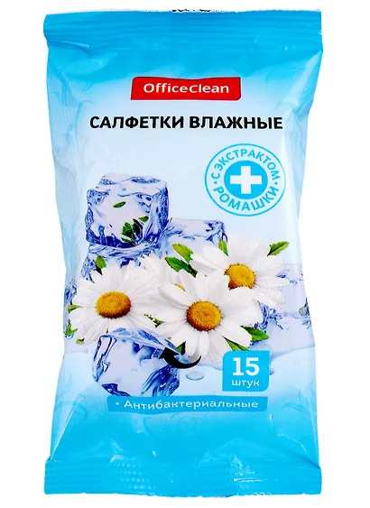 Влажные освежающие салфетки «OfficeClean», 15 шт, с экстрактом ромашки, OfficeSpace - фото 1