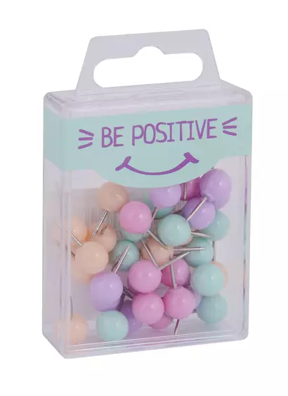 Кнопки гвоздики 40шт "Be positive" кругл.головка, пастельн., ассорти, пласт.подвес - фото 1