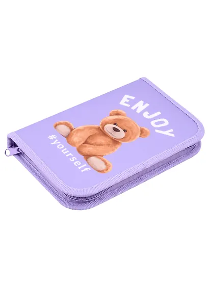 Пенал 1отд. "Мишка на сиреневом" 21*13,5см, молния, полиэстер, откидн.планка - фото 1