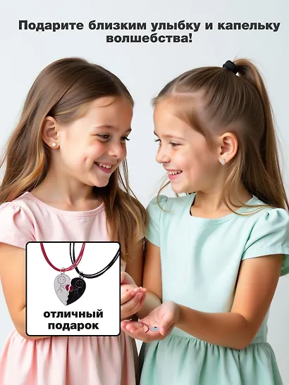 Набор парных браслетов и кулонов Половинки сердца (Набор парных браслетов с подвеской Половинки сердца+Набор парных кулонов Половинки сердца) (текстиль, металл) - фото 3