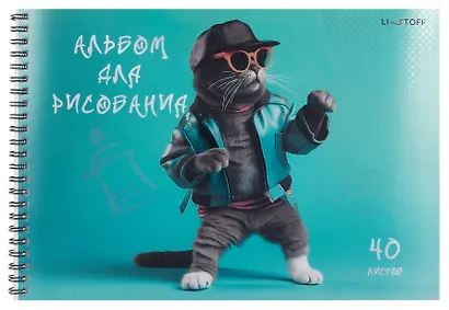 Альбом для рисования 40л А4 "Кот на стиле" гребень, мел.картон, печать по металлиз.пленке "серебро", твин-лак - фото 1