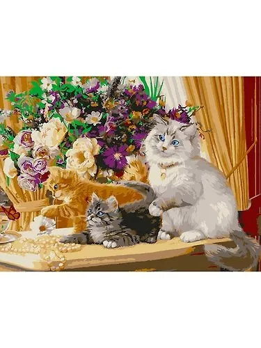 Раскраска на картоне А3 (в коробке) (16цв.) ТМ Рыжий кот Котята и букет Р-3052 - фото 1