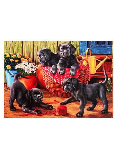 Набор для творчества, Рыжий Кот, Алмазная мозаика Чёрные щенята в саду (класс.) 30х40 см, с подр., с полн. заполн. (32цв.) ST983 - фото 1