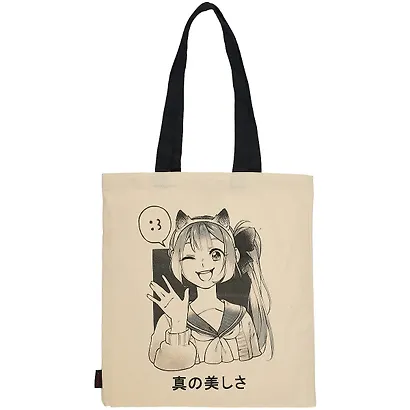Сумка-шоппер Аниме Девушка с ушками ,Сёдзё, бежевая, текстиль 40см.*32см. - фото 1