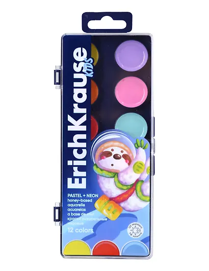 Краски акварельные 12цв "Kids Space Animals Neon+Pastel" пл/к., б/к., ERICH KRAUSE - фото 1