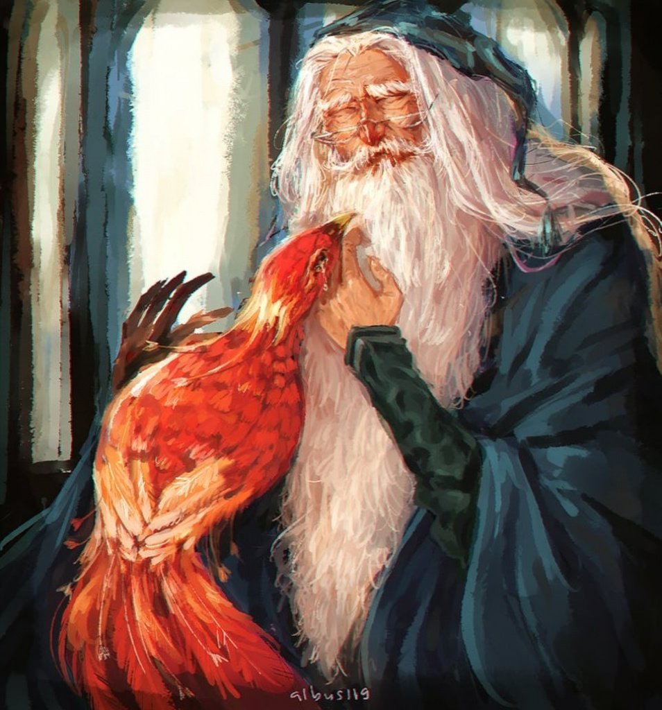 Дамблдор и феникс Фоукс фан-арт Гарри Поттер.jpg