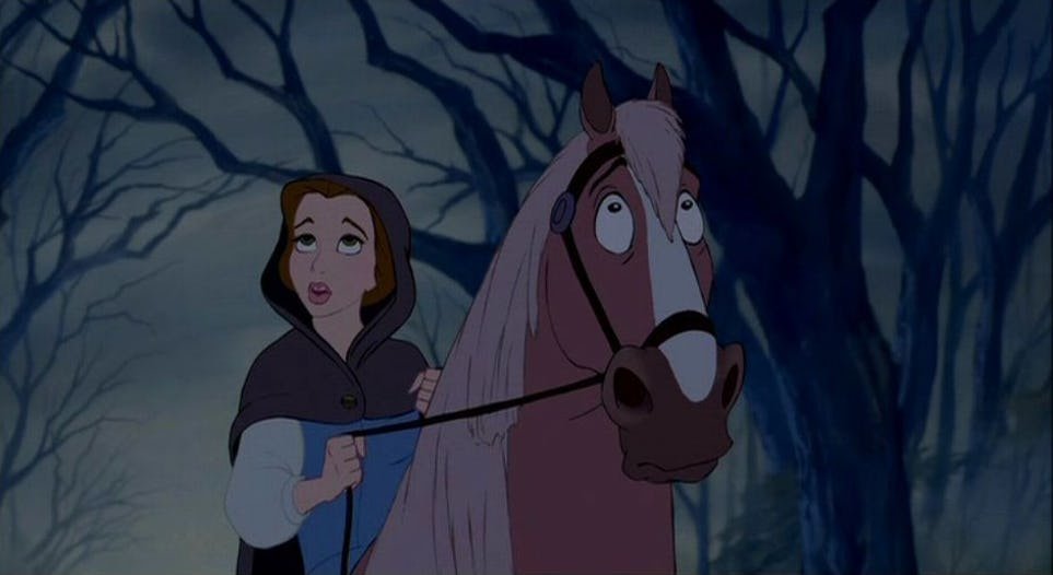Белль на лошади мультфильм Красавица и чудовище